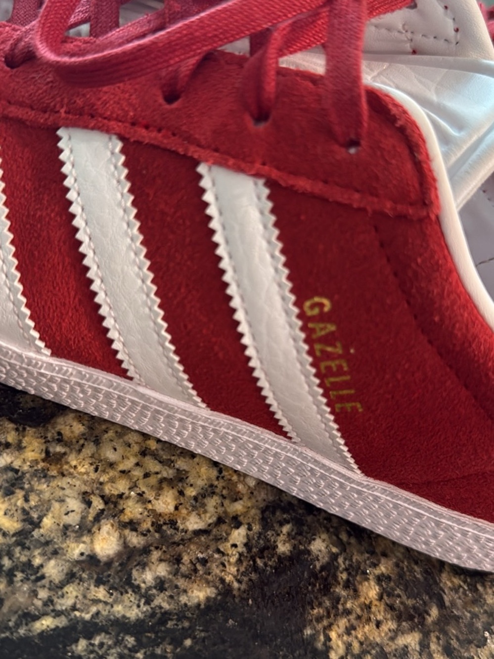 adidas Women’s Red Suede Sneakers with White Stripes - Picture 6 of 6